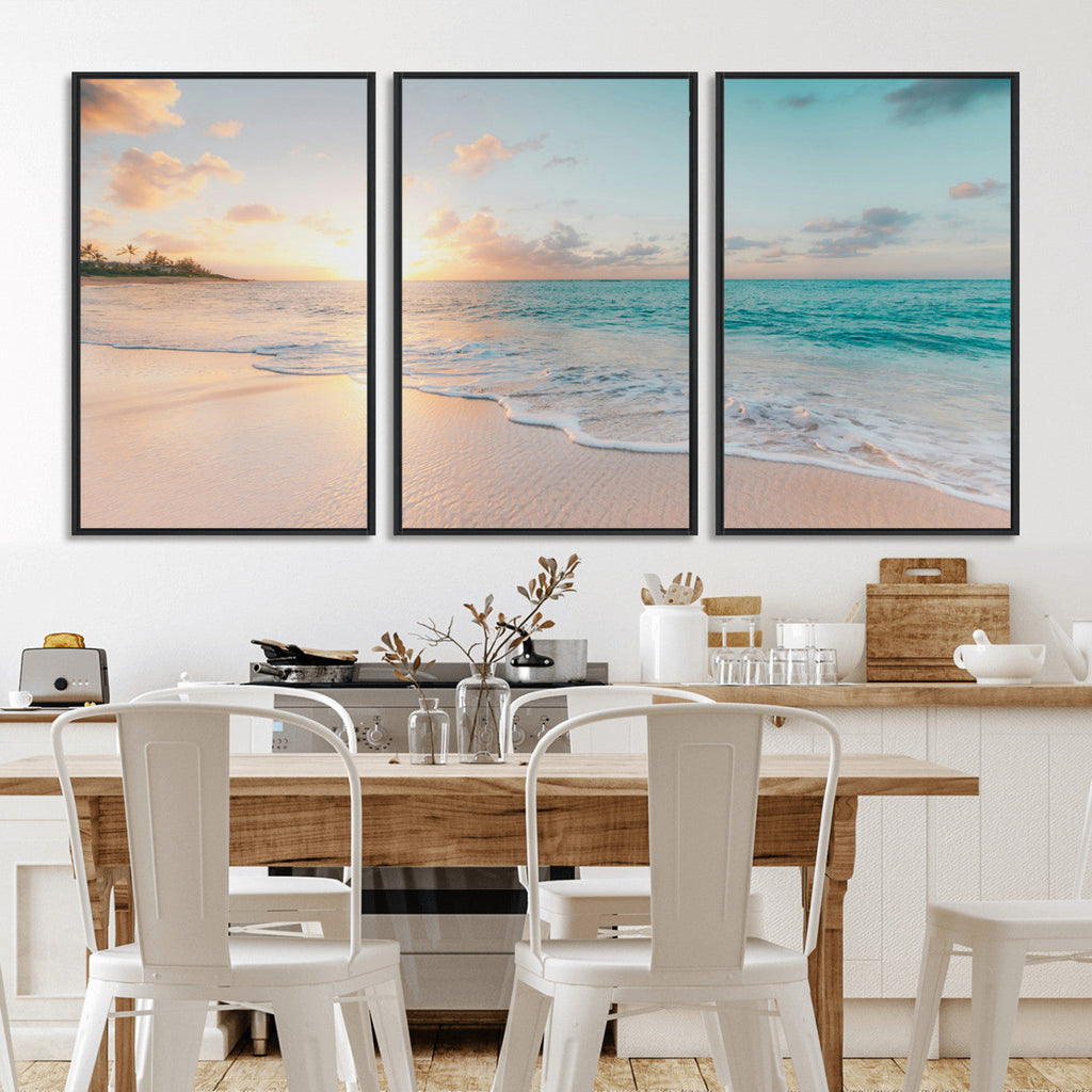 Beach Sunset Wall Art Canvas Print, Framed Ocean Waves Summer Escape