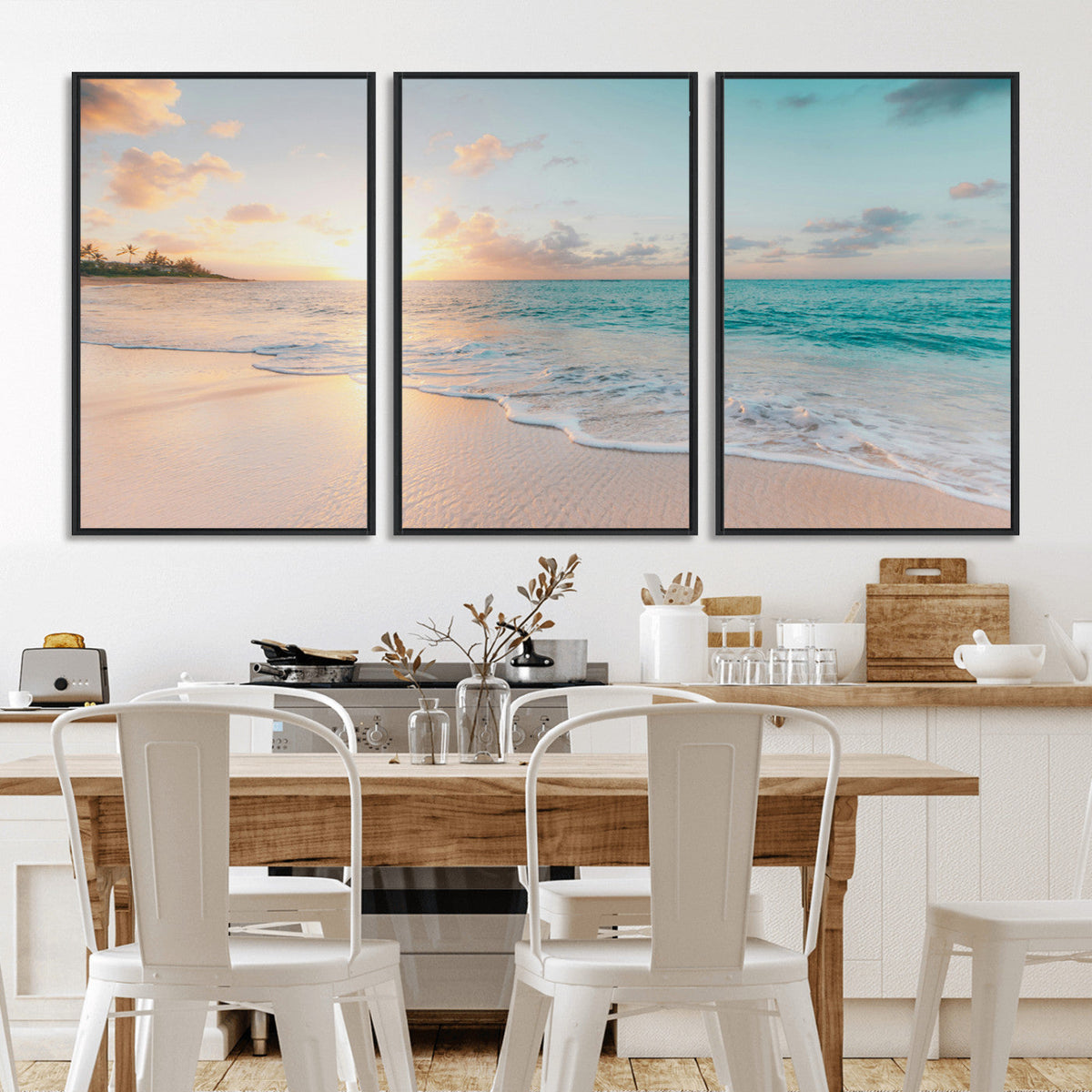 Beach Sunset Wall Art Canvas Print, Framed Ocean Waves Summer Escape