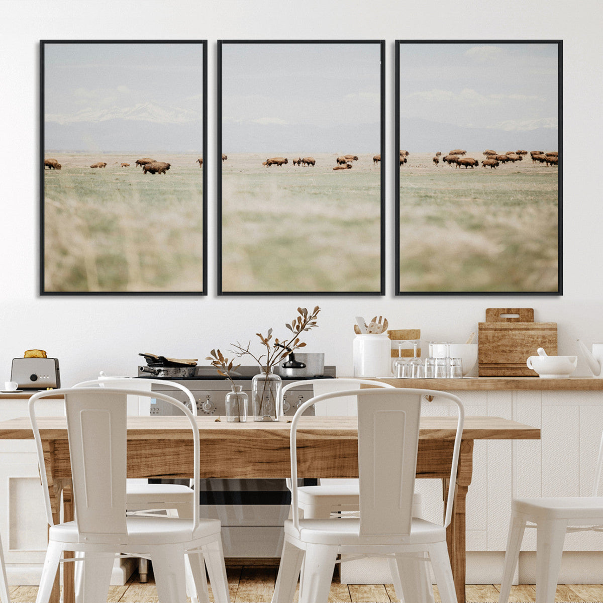 Bison Herd Wall Art Canvas Print, Framed Western Ranch Nature Scene