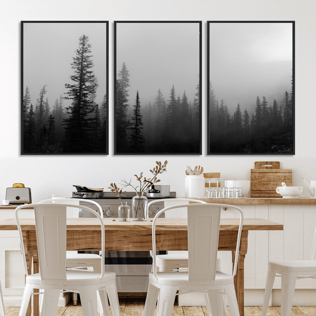 Misty Pines Wall Art Canvas Print, Framed Woodland Minimalist Black and White
