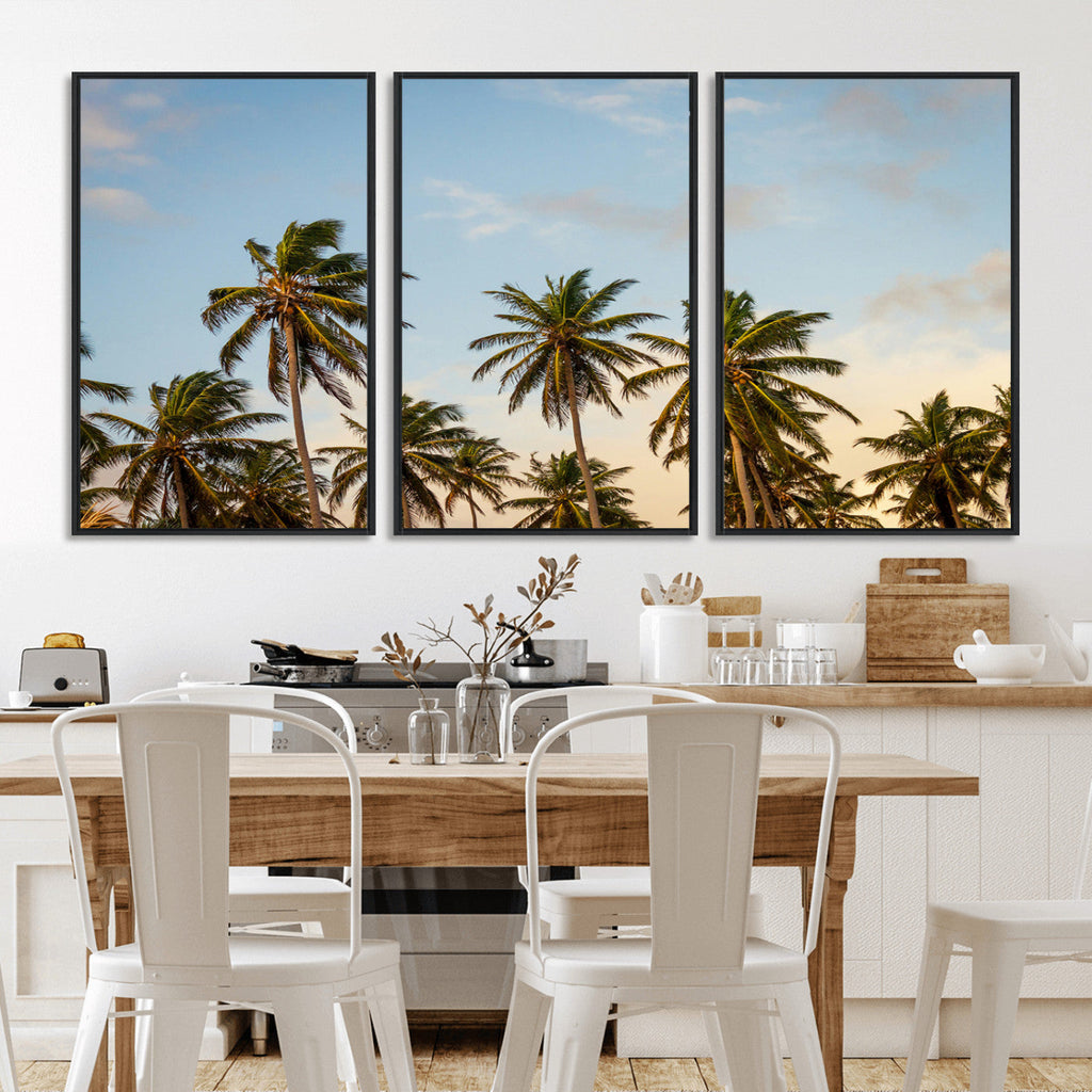 Palm Trees Wall Art Canvas Print, Framed Tropical Vibes Coastal Sunset