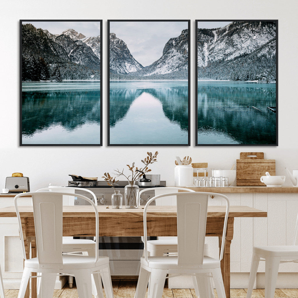 Mountain Lake Wall Art Canvas Print, Framed Toblacher See Winter Wonderland