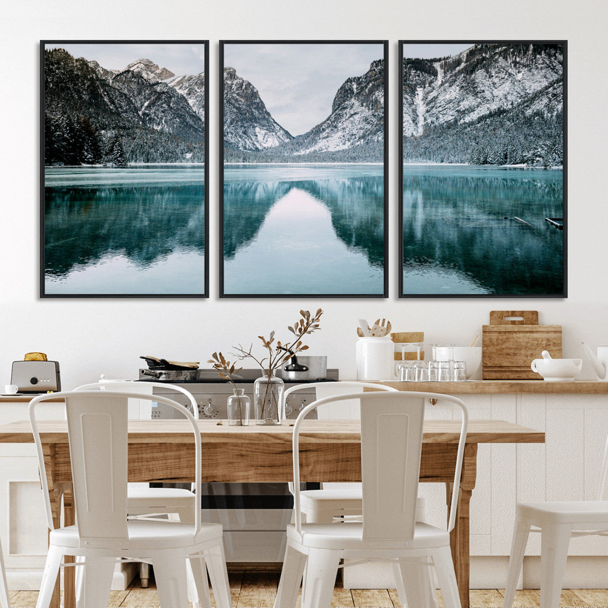 Mountain Lake Wall Art Canvas Print, Framed Toblacher See Winter Wonderland