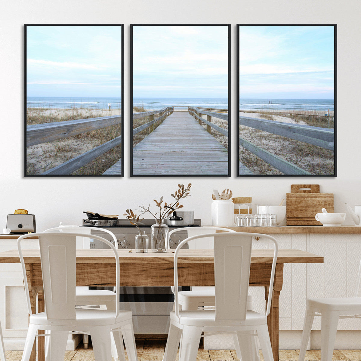 Beach Boardwalk Wall Art Canvas Print, Framed Coastal Serenity Ocean View