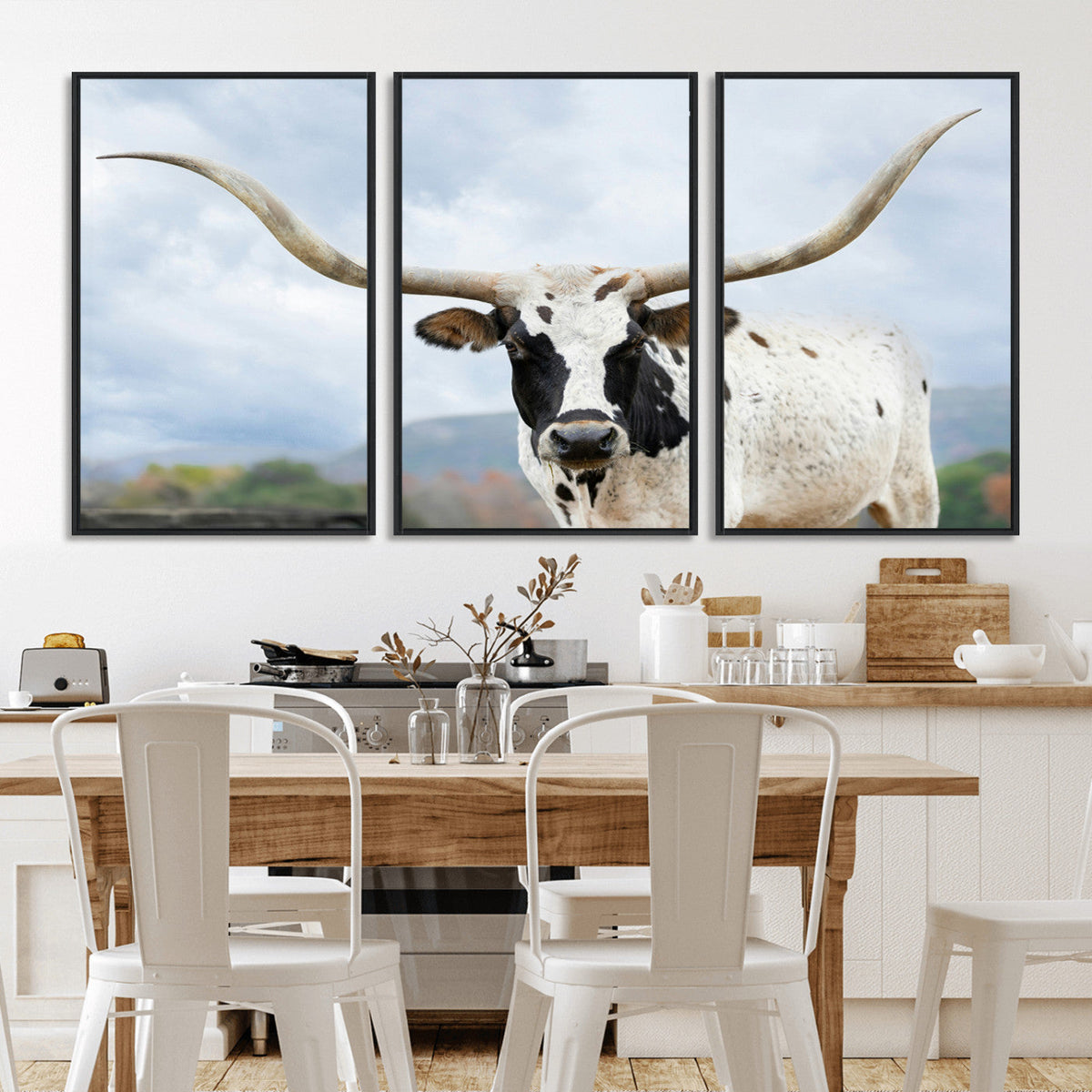 Texas Longhorn Wall Art Canvas Print, Framed Western Rustic Farmhouse