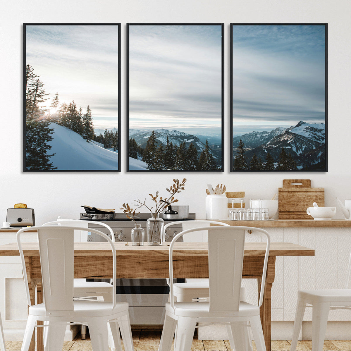 Snowy Mountains Wall Art Canvas Print, Framed Alpine Landscape Frosty Peaks Artwork