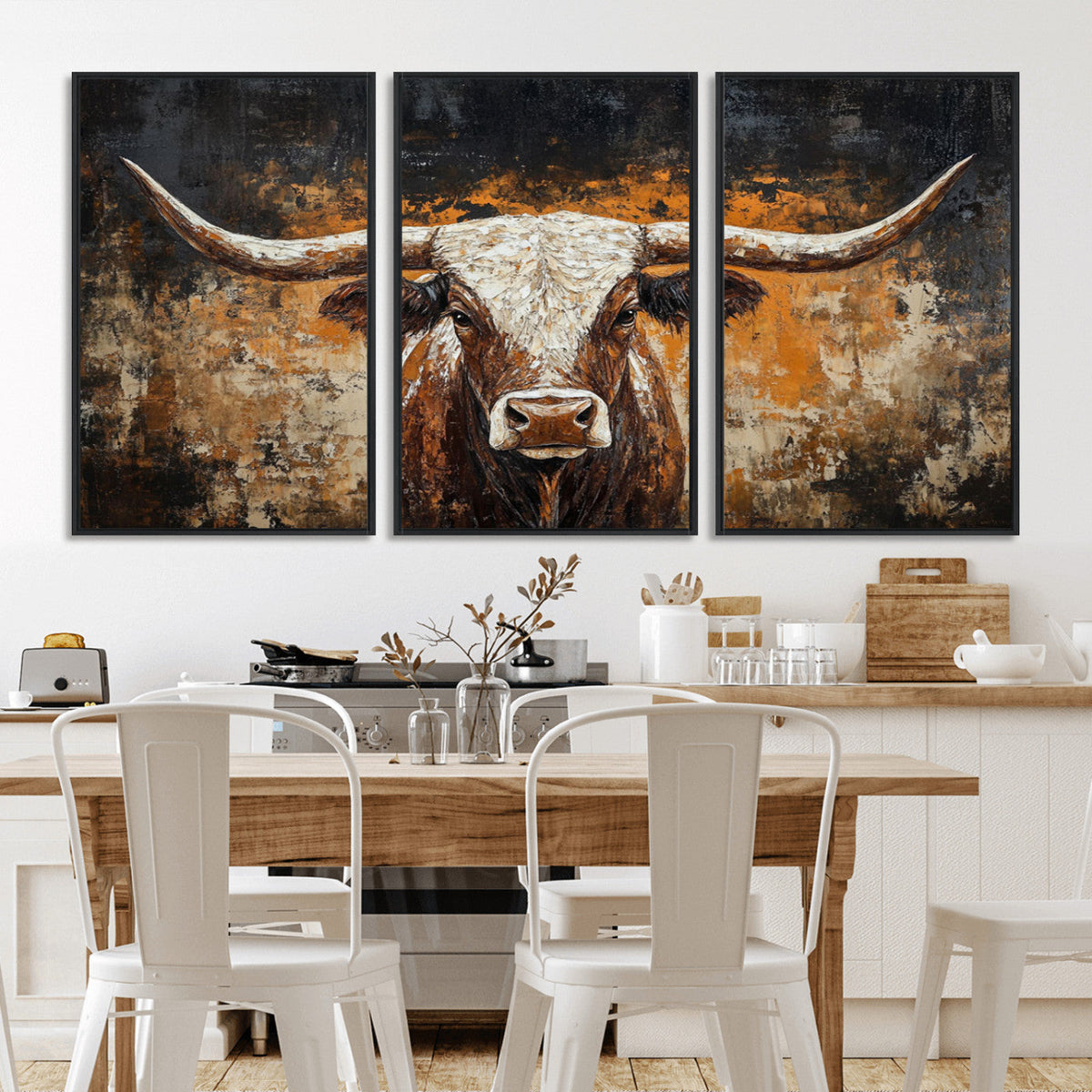 Abstract Longhorn Bull Wall Art Canvas Print, Vintage Western Texas Steer Artwork