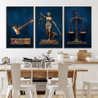 Lady Justice Wall Art Canvas Print, Elegant Gold Legal Symbols on Blue, Law Office Decor