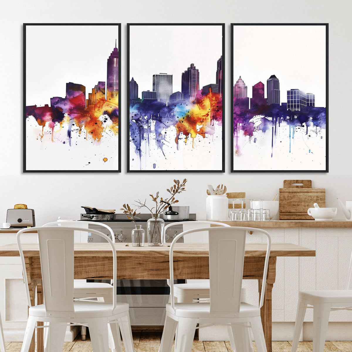 Atlanta Skyline Wall Art Canvas Print, Framed Colorful Watercolor Cityscape