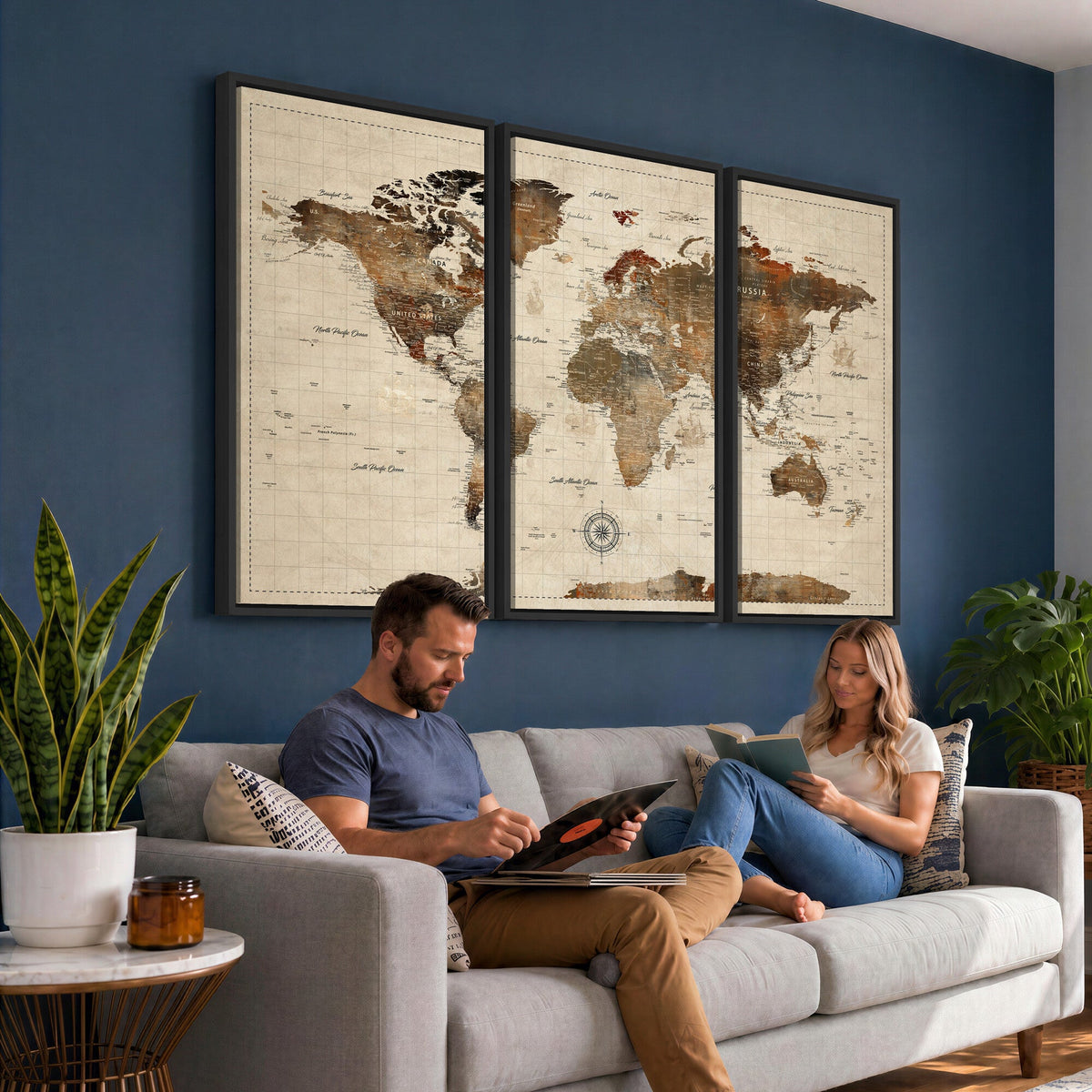 Vintage World Map Wall Art Canvas Print for Living Room, Office and Study