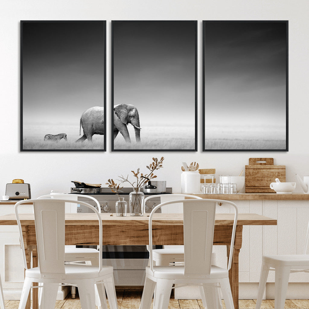 Elephant and Zebra Wall Art Canvas Print, Modern Artwork