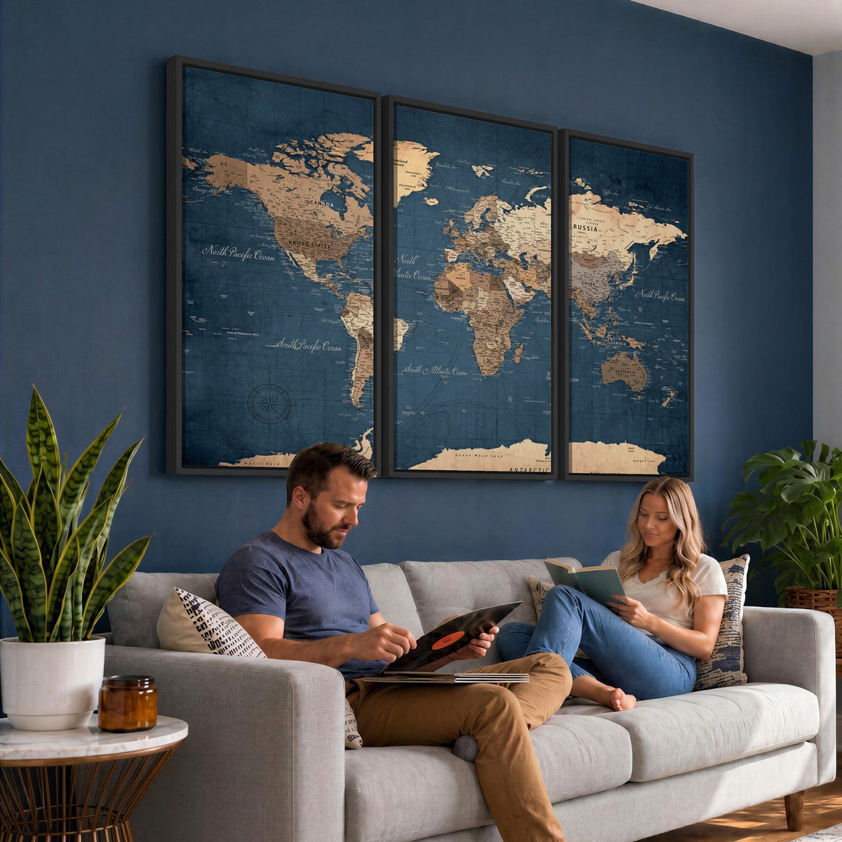 Navy Blue World Map Canvas Print | Framed Travel Map Wall Art