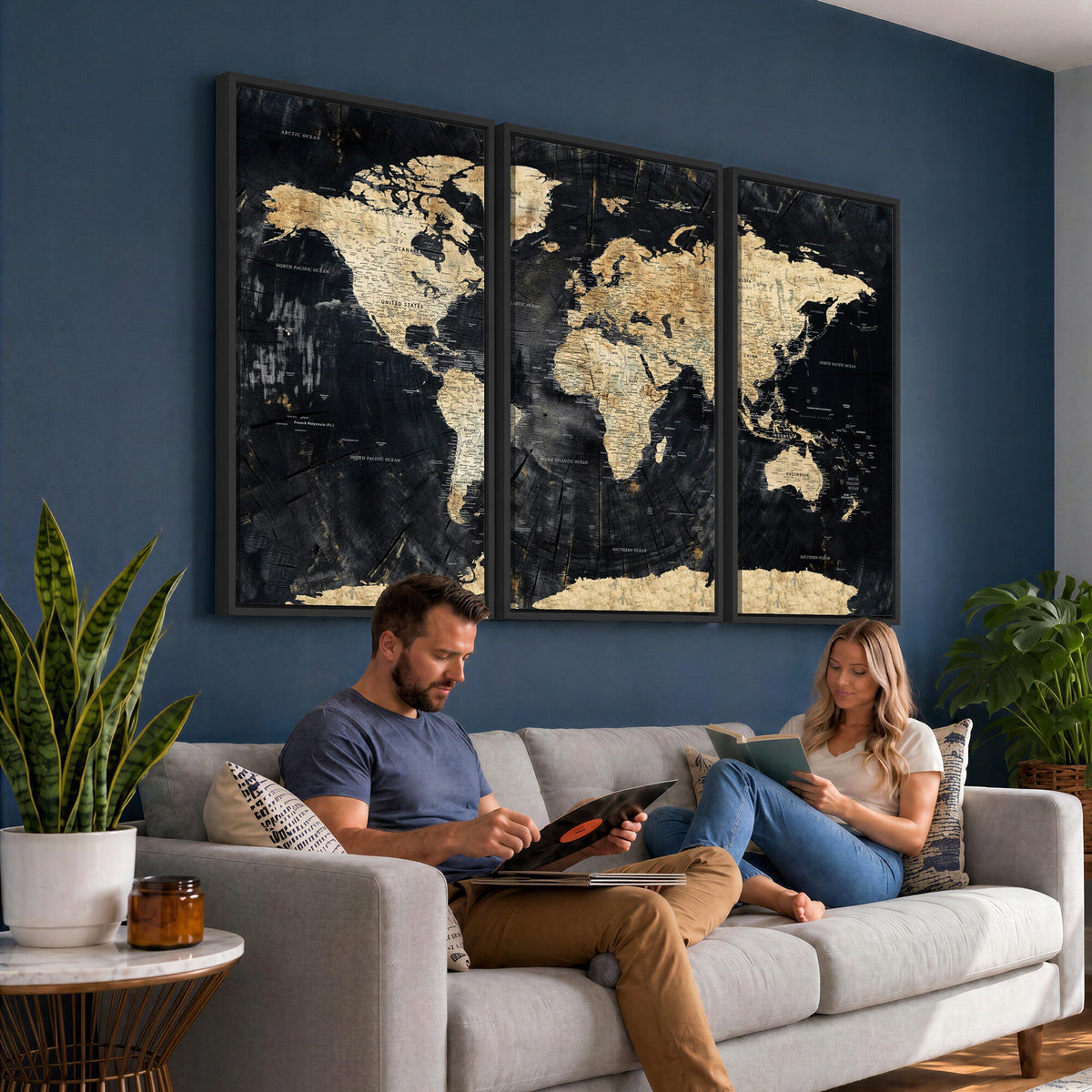 Framed Large World Map Wall Art Canvas Print for Living Room