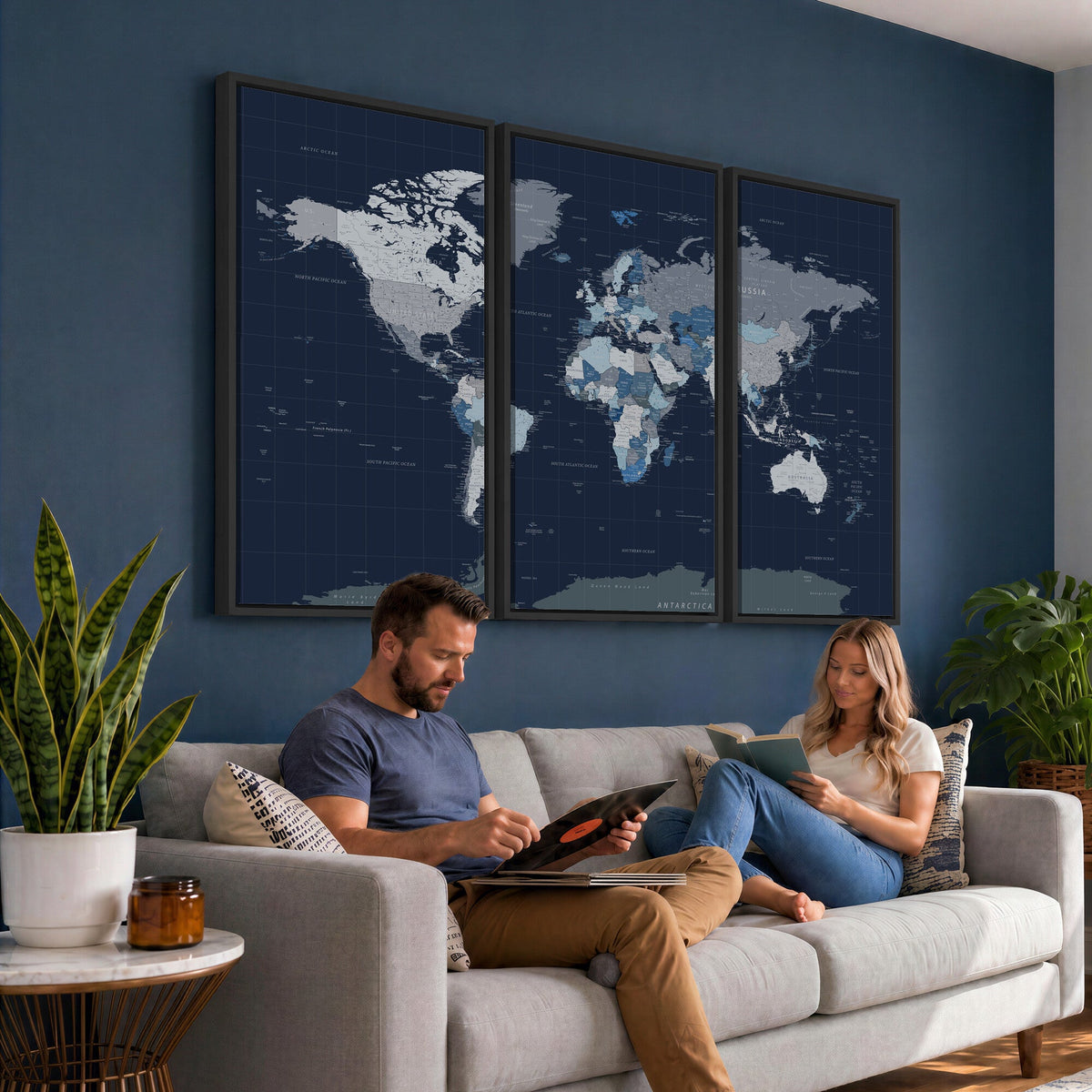 Blue Detailed World Map Wall Art Canvas Print | Modern Framed Map