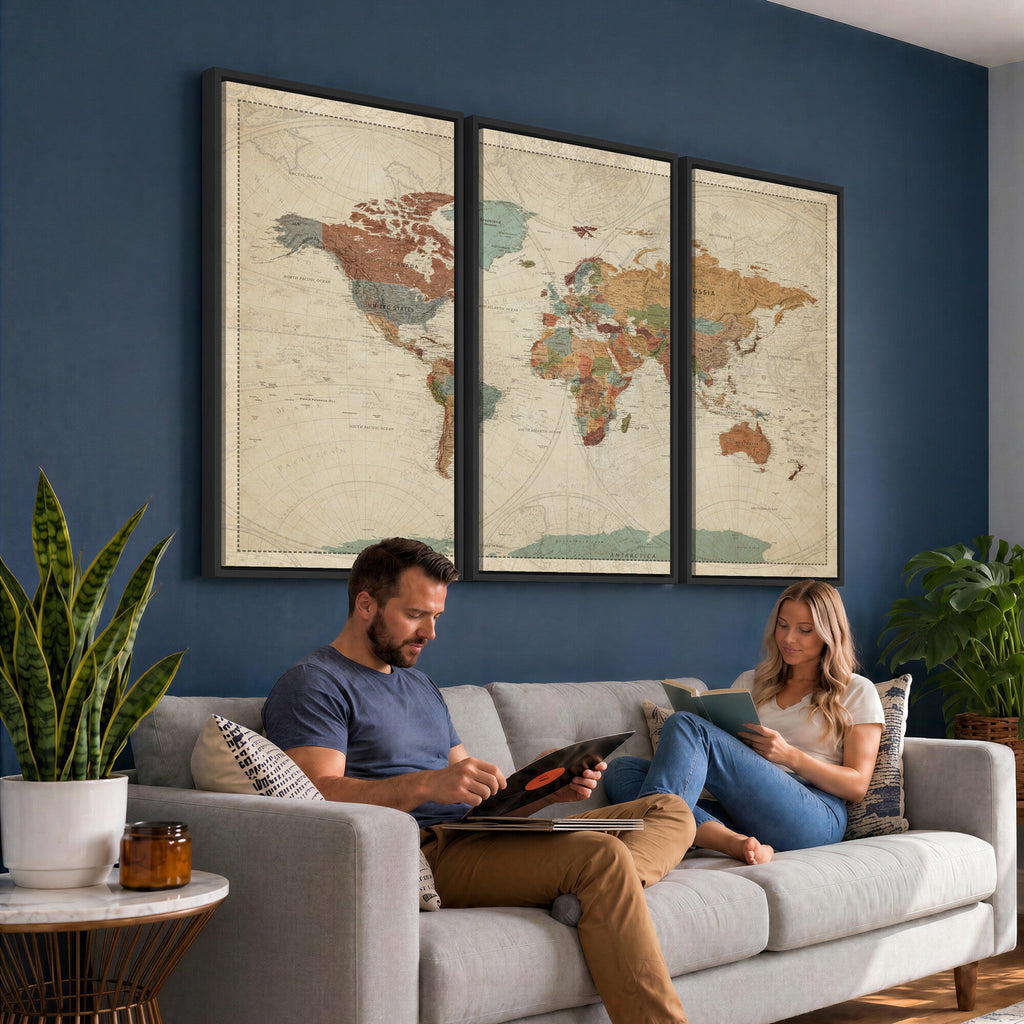 Vintage World Map Canvas Wall Art Print | Framed Modern World Map
