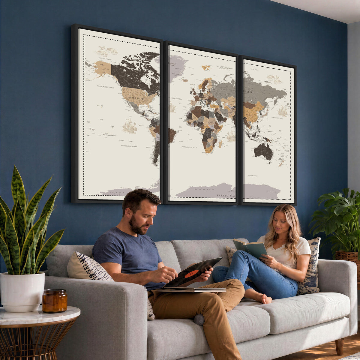 Custom Beige Modern Push Pin World Map Canvas Print, Places Visited Tracker, Bedroom and Study Decor