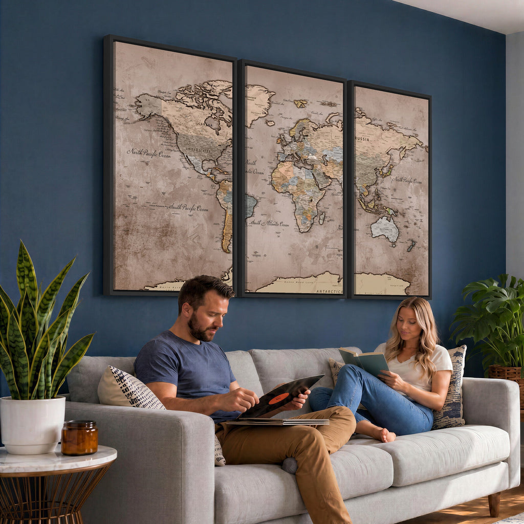 Grunge World Map Canvas Wall Art - Vintage Aged World Map with Golden Tones