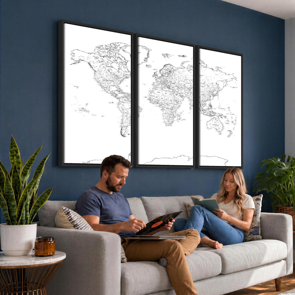 World Map Canvas Print, Framed Modern Detailed Map of the World for Home or Office