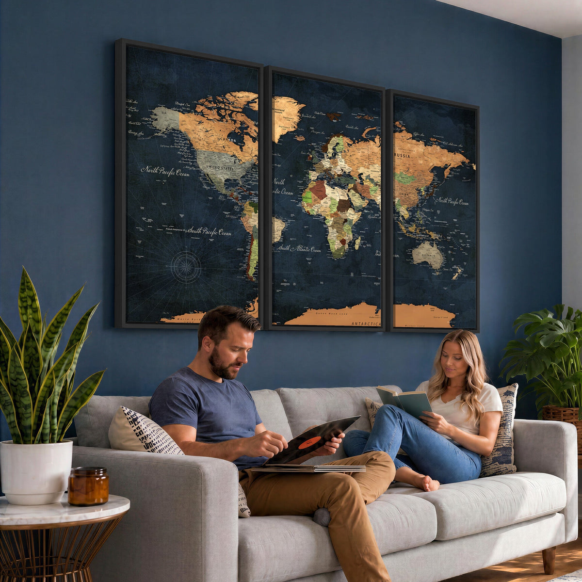 Vintage World Map Canvas Wall Art | Detailed Map with Countries, Oceans and Continents