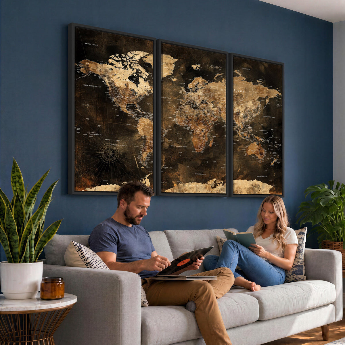 World Map Canvas Print, Modern Decorative Framed Map Artwork