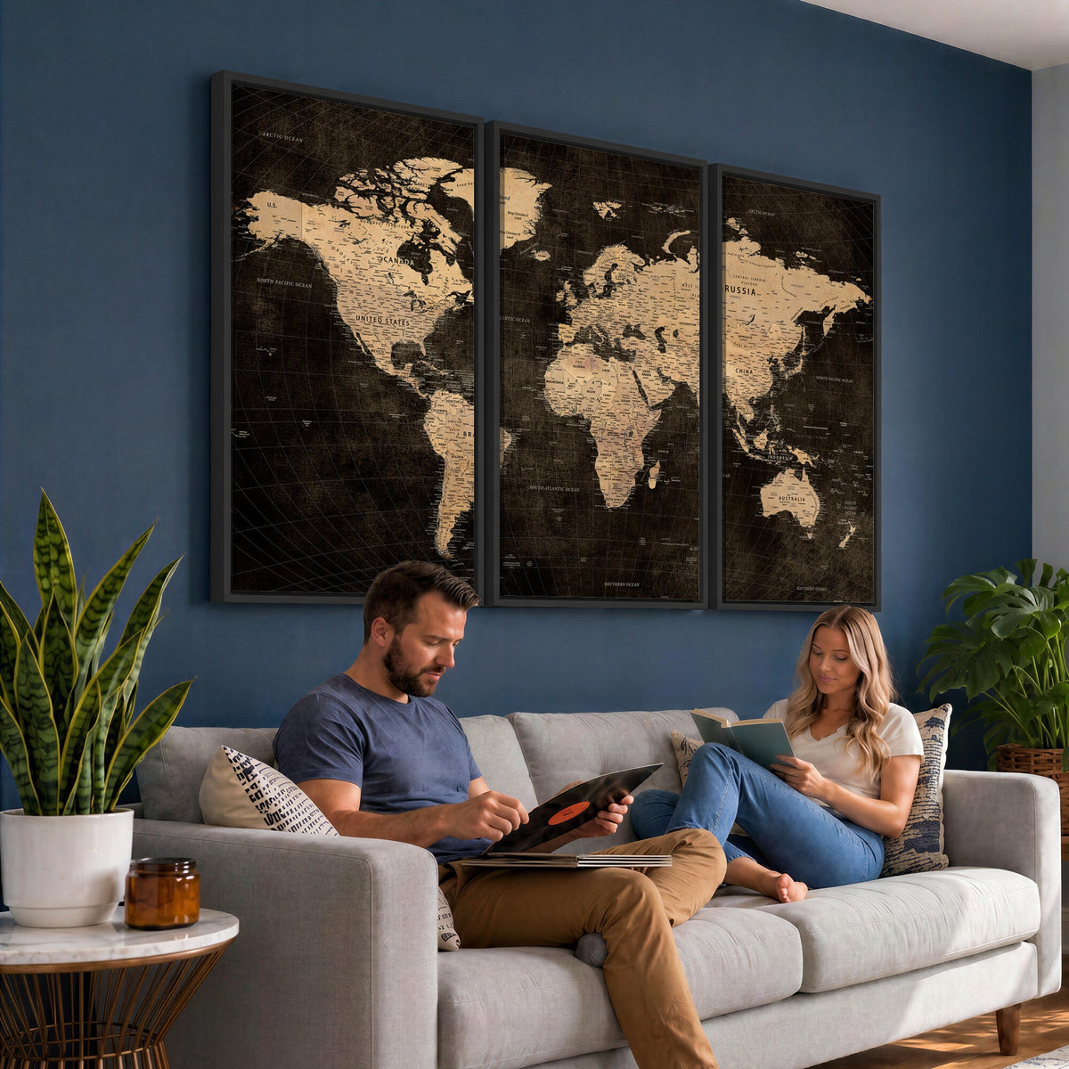 Brown World Map Canvas Print | Modern Travel Map Wall Art