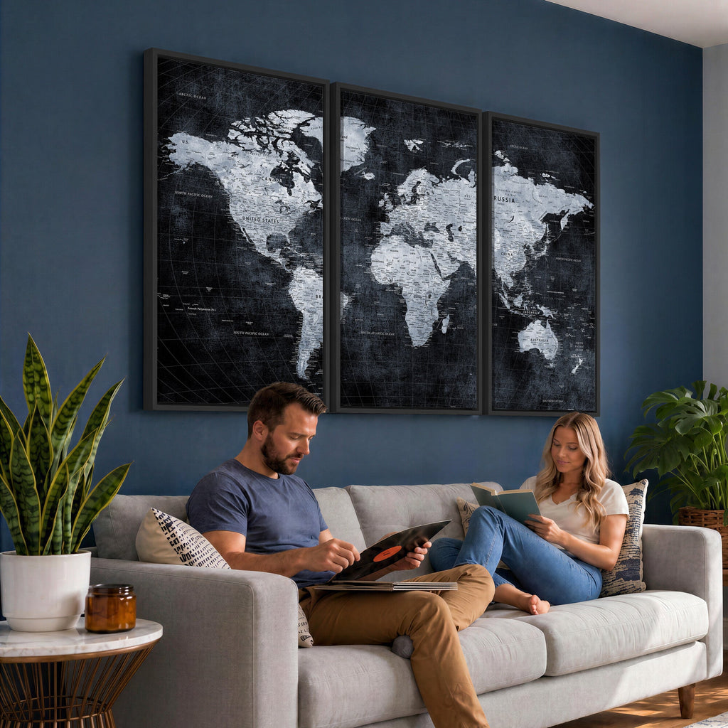 Black World Map Canvas Print | Detailed Map for Couples and Anniversary Gift