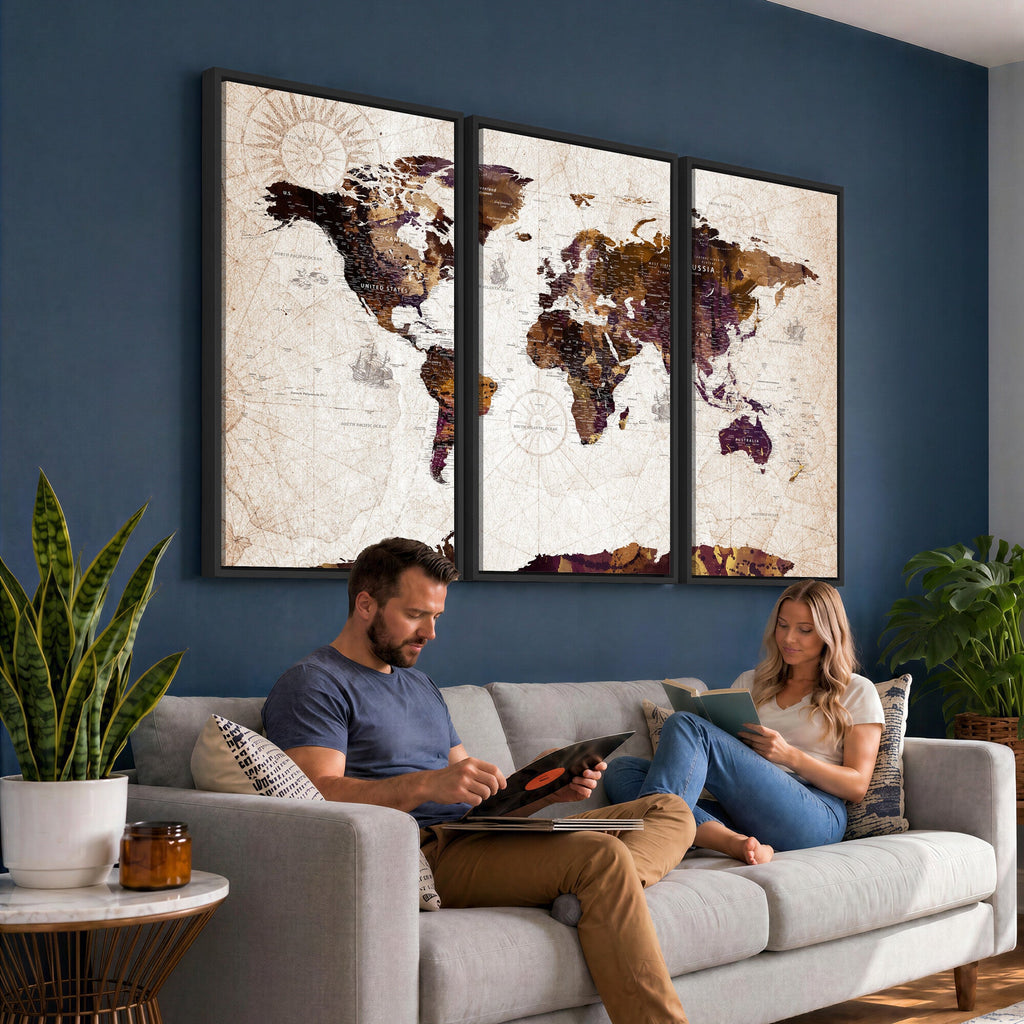 Blue Watercolor World Map Canvas Print | Framed Modern Wall Art