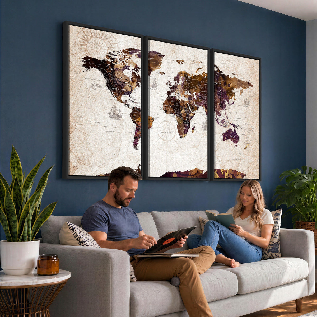 Blue Watercolor World Map Canvas Print | Framed Modern Wall Art