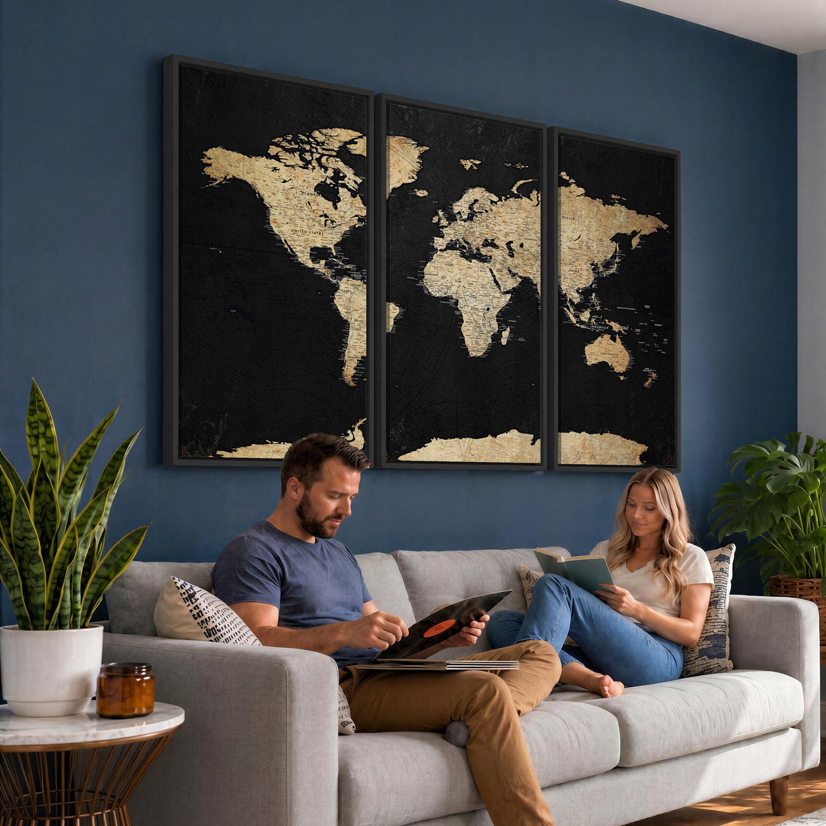 Beige World Map Canvas Wall Art Print, Minimal Black and Beige Map