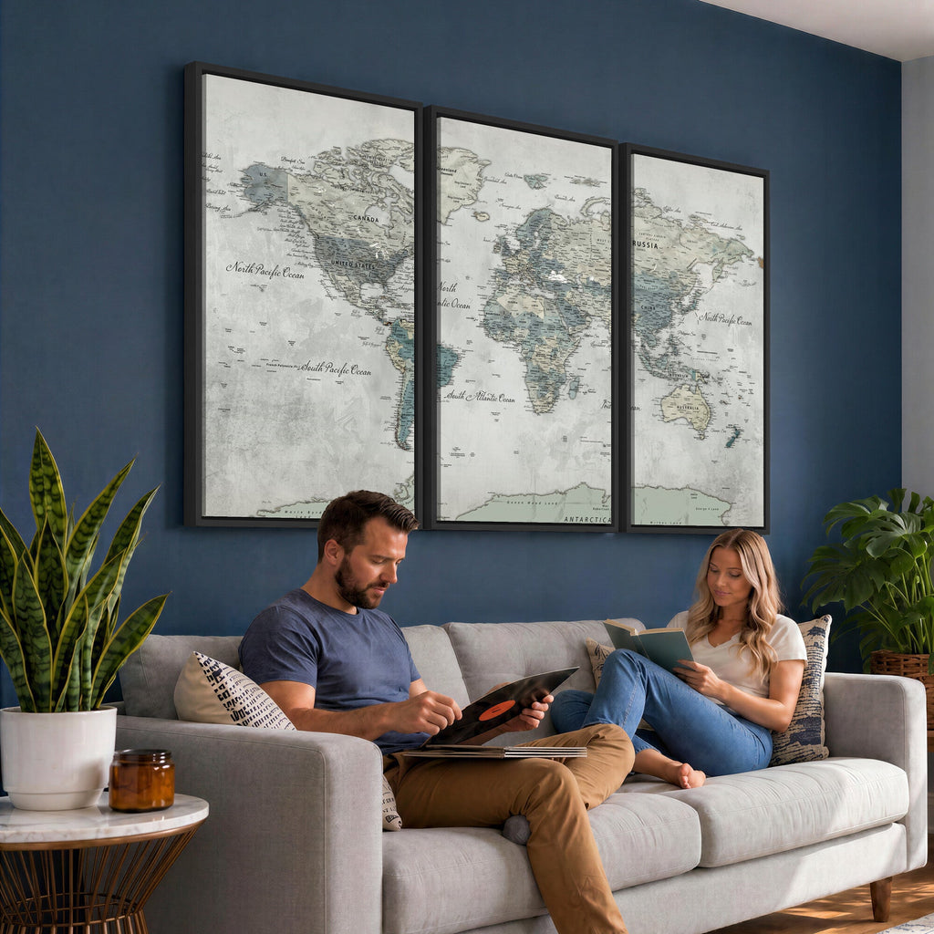 Neutral Vintage World Map Canvas Wall Art Print, Classic Map Artwork