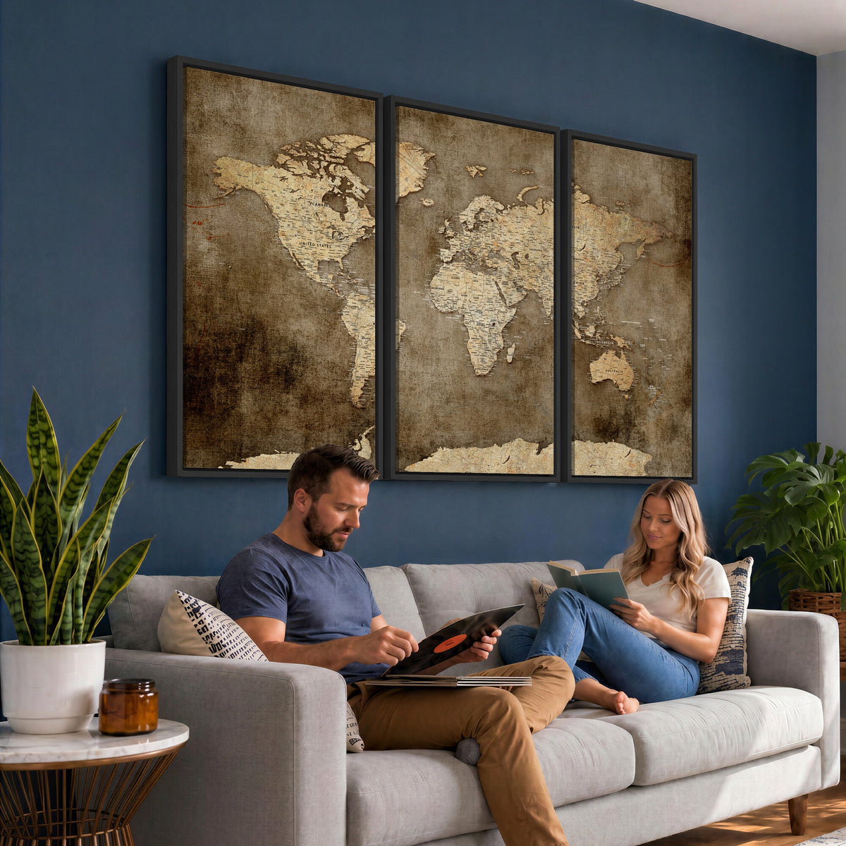 Dark Vintage World Map Canvas Wall Art Print, Antique Map Artwork