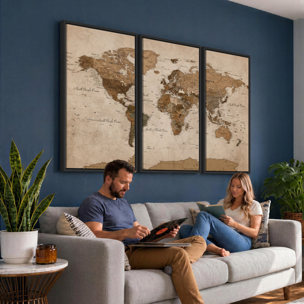 World Map Canvas Wall Art Print, Detailed Global Map Artwork