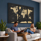Vintage Blue and Brown World Map Canvas Wall Art | Framed Rustic Map Print