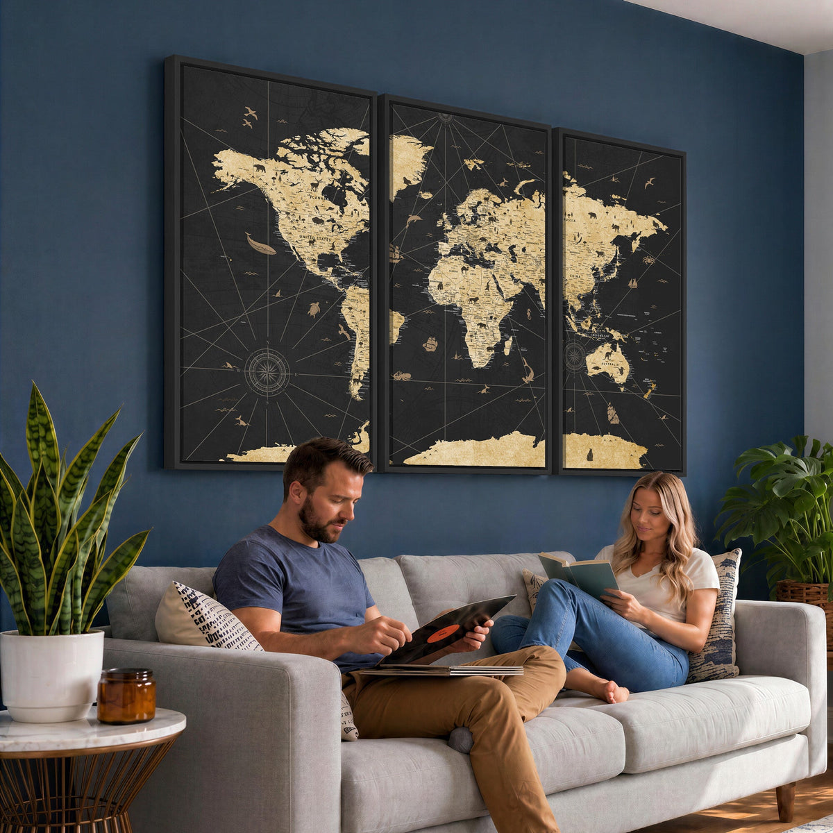 Vintage Blue and Brown World Map Canvas Wall Art | Framed Rustic Map Print