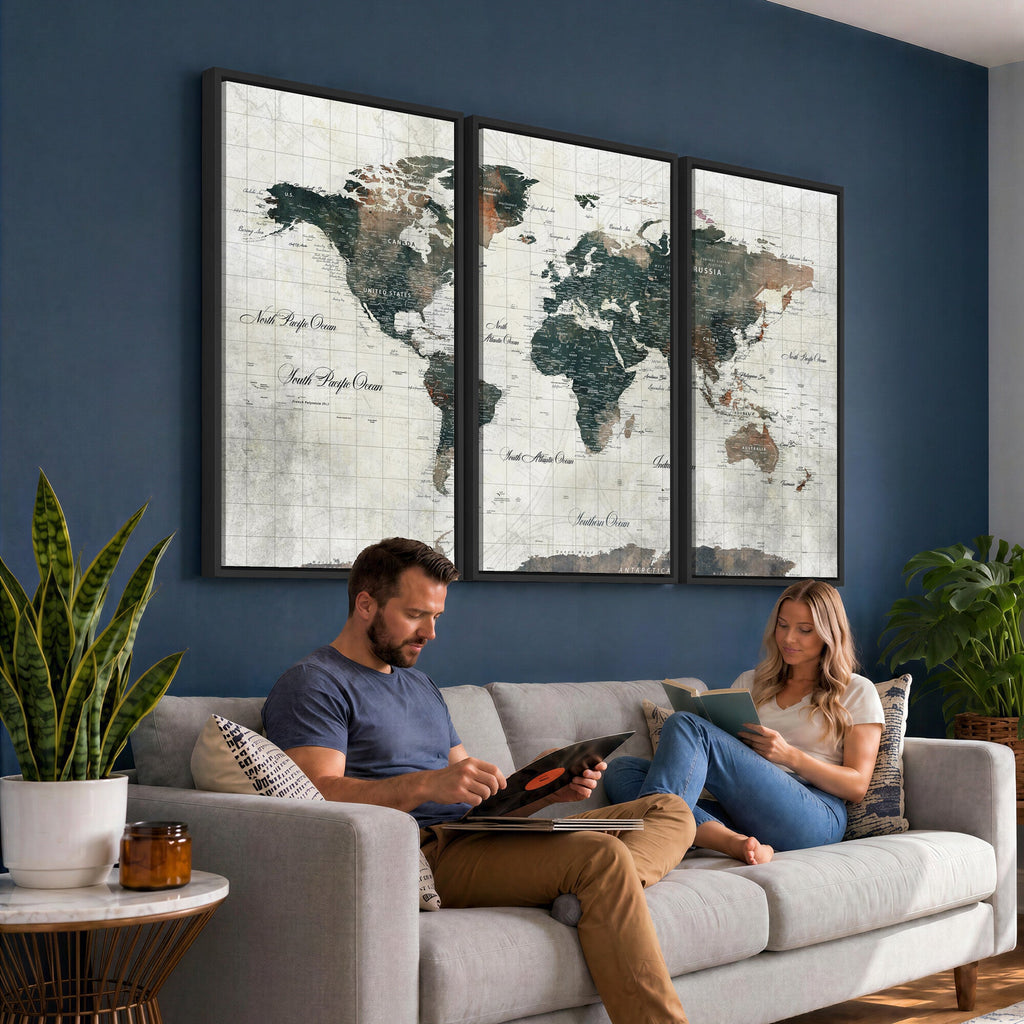 World Map Canvas Print | Framed Travel Map Wall Art for Couples
