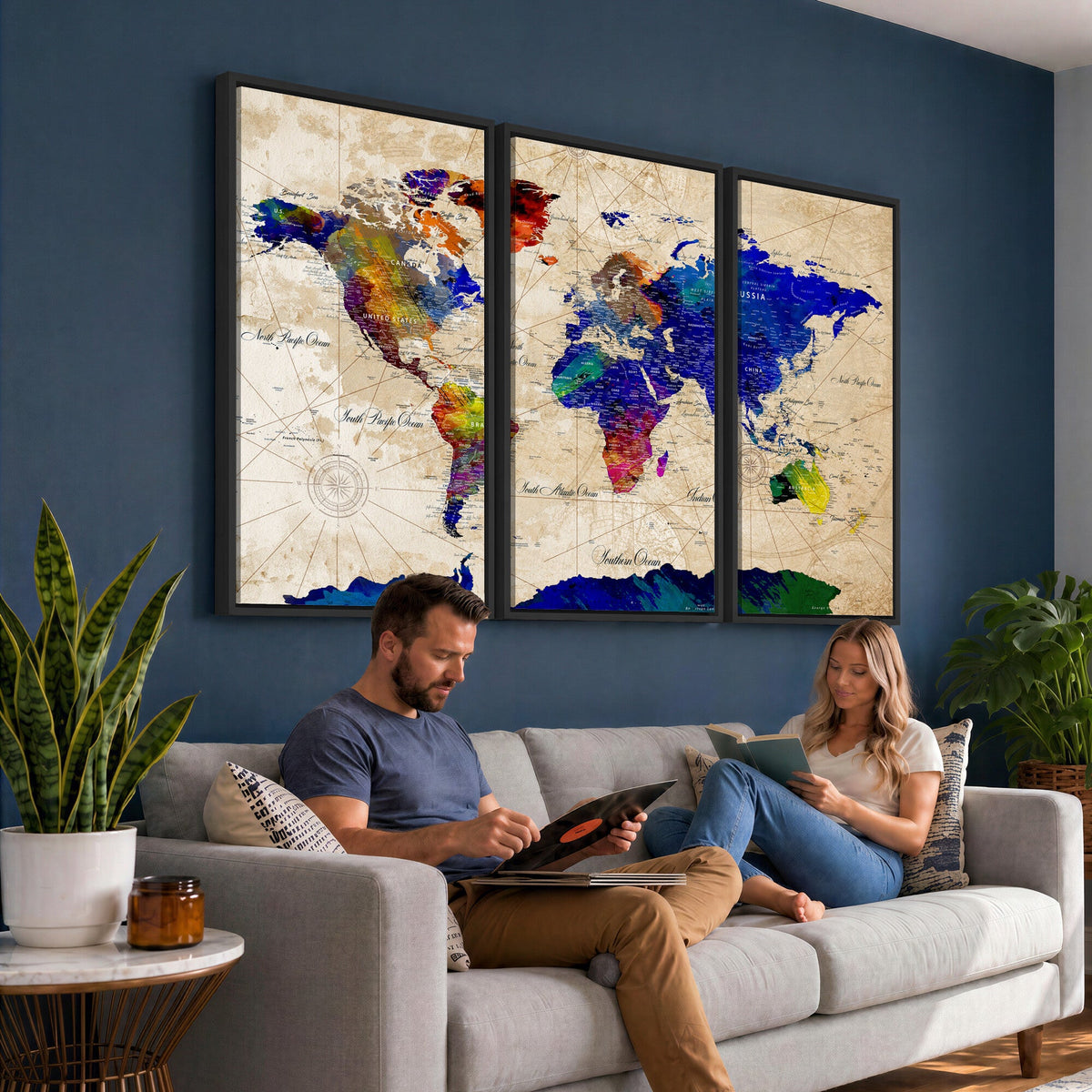 Watercolor World Map Canvas Print | Framed Wall Art for Couples