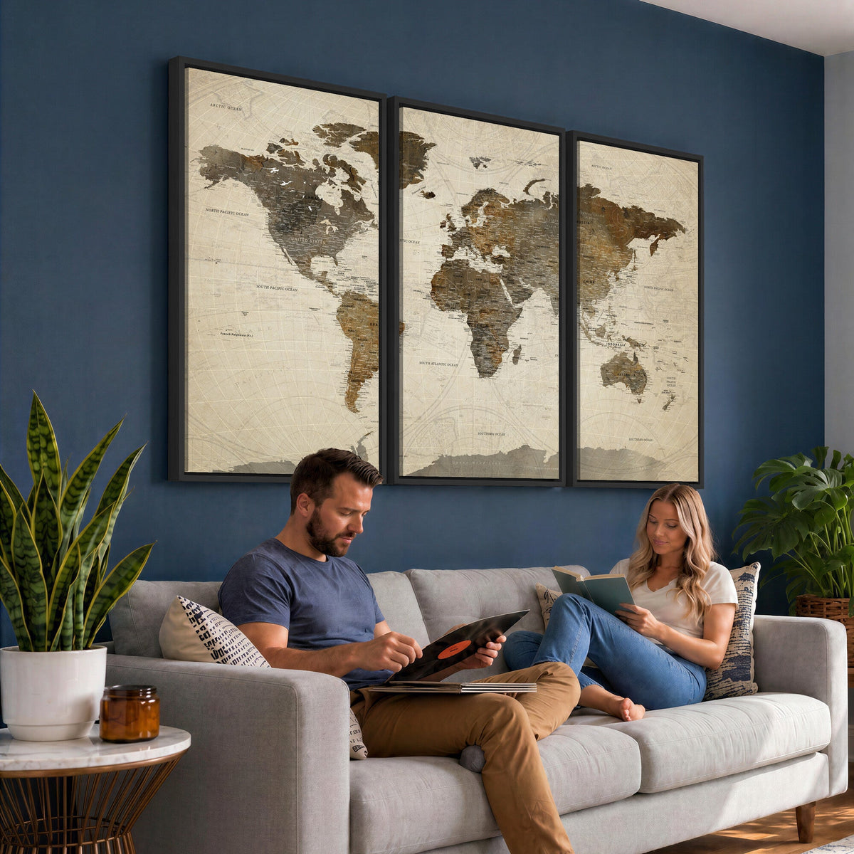 Vintage World Map Canvas Wall Art | Framed Antique Style Travel Map
