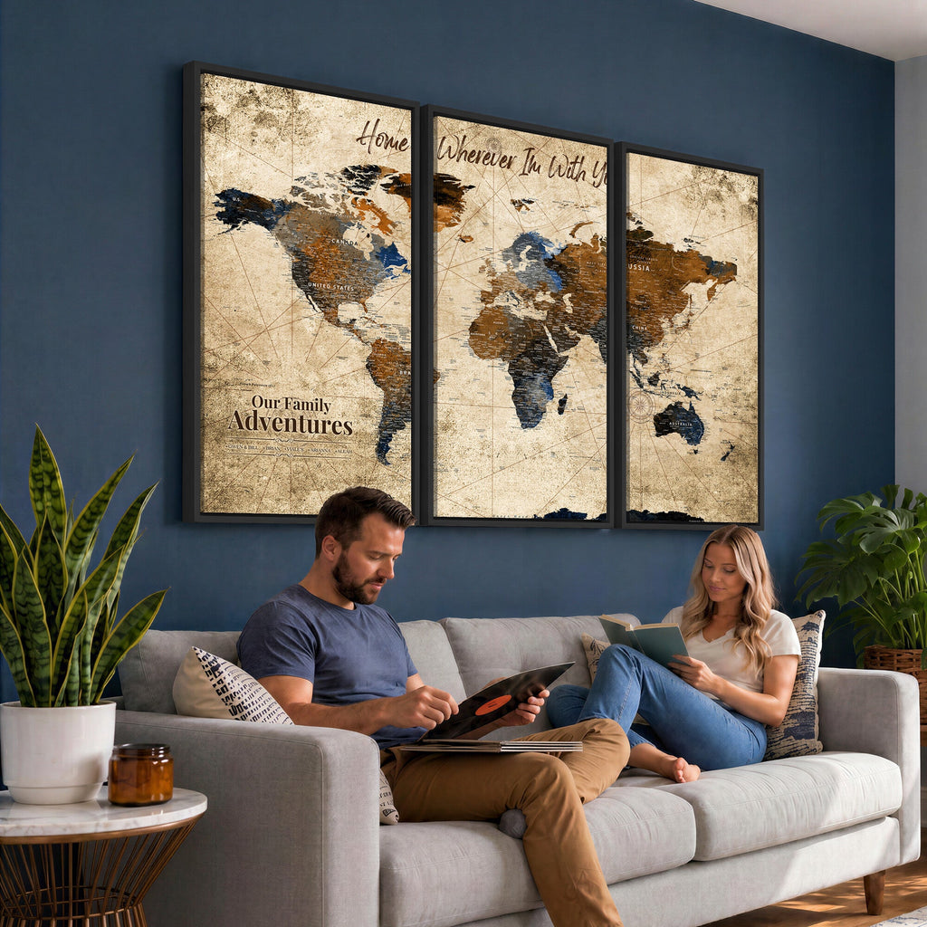 World Map Wall Art | Rustic Earth Tone Canvas Print, Antique Travel Map