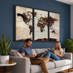 World Map Canvas Triptych | Colorful Global Wall Art for Living Rooms