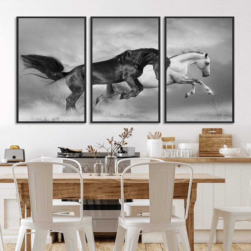 Wild Horses Wall Art Canvas Print, Framed Black and White Galloping Horses