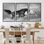 Wild Horses Wall Art Canvas Print, Framed Black and White Galloping Horses