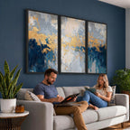 Blue Gold Abstract Large Framed Canvas Wall Art, Modern Luxury Print
