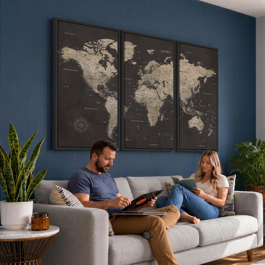 World Map Canvas Wall Art, Dark Charcoal and Antique Tan Detailed Map