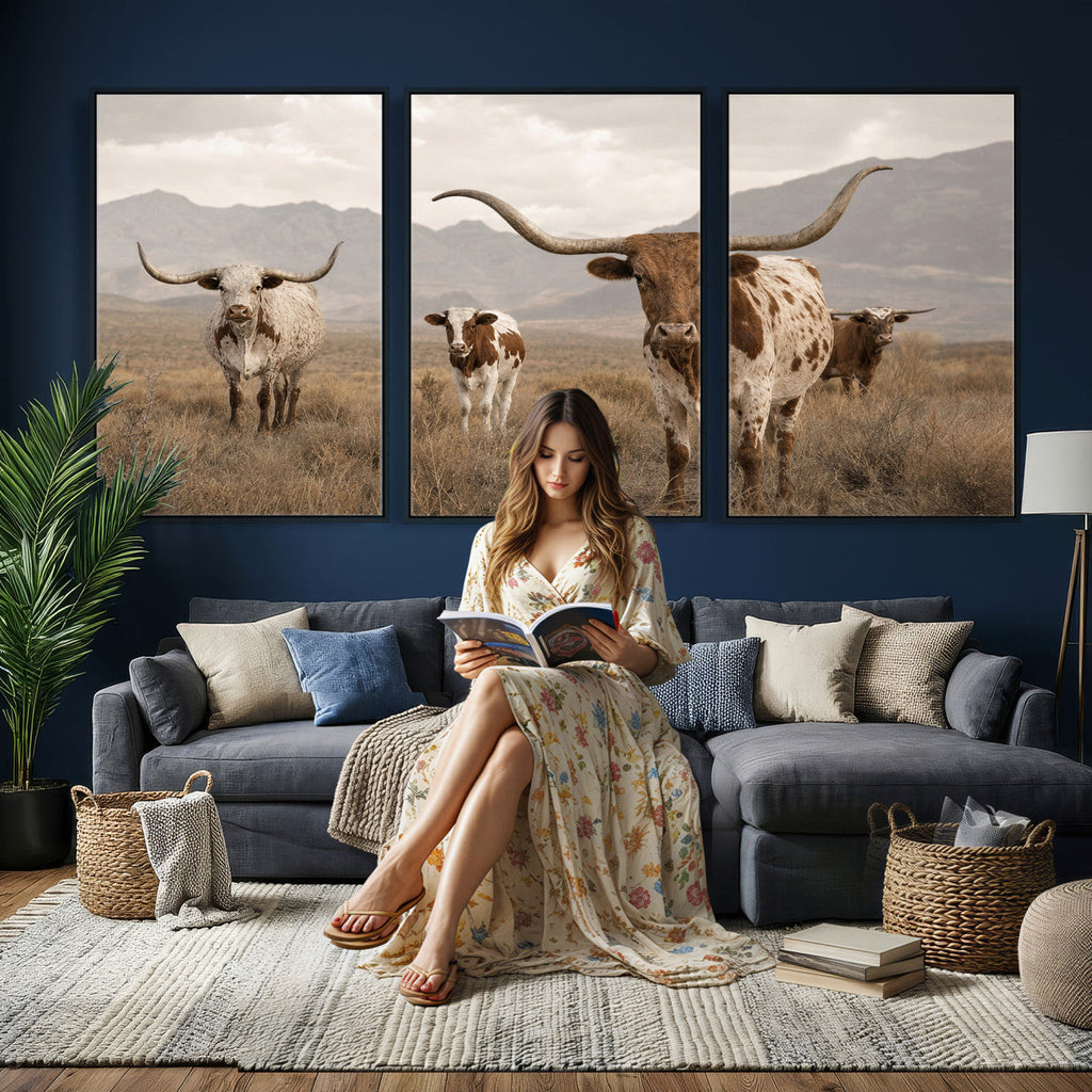 Rustic Texas Longhorn Cow Canvas Wall Art Print, Farm Animal Photography