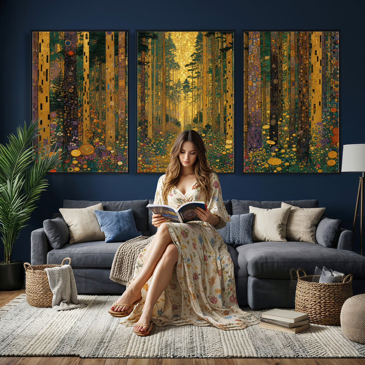 Gustav Klimt Style Forest Canvas Wall Art, Golden Forest Path Floral Art Nouveau Print