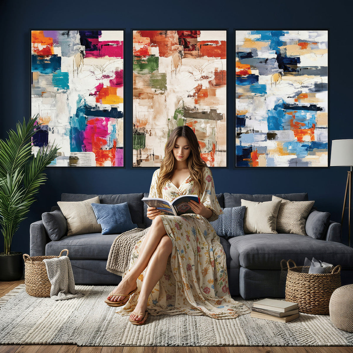 Blue Teal Abstract Canvas Wall Art, Modern Brushstroke Style Print, Navy Orange Contemporary Decor