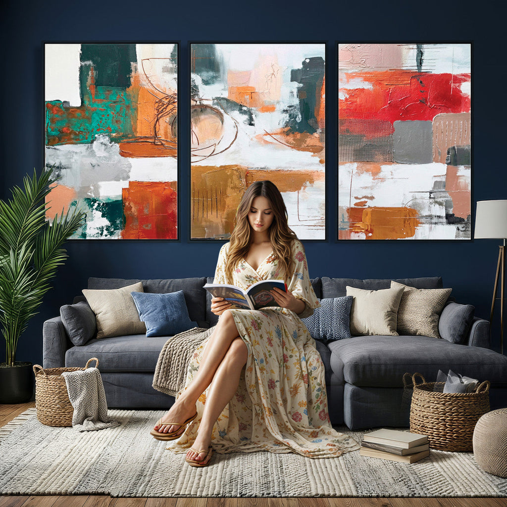 Blue Teal Abstract Canvas Wall Art, Modern Brushstroke Style Print, Navy Orange Contemporary Decor
