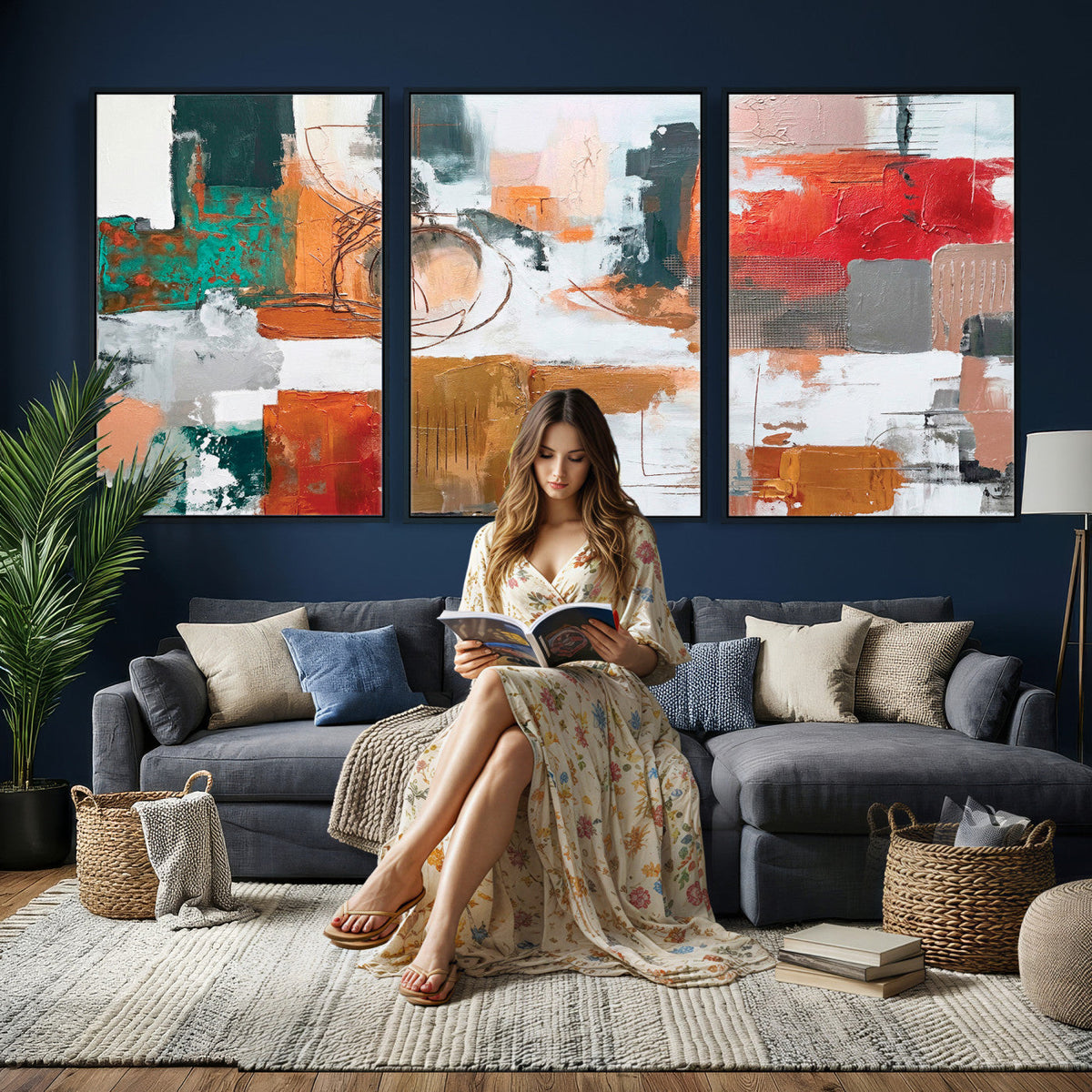 Blue Teal Abstract Canvas Wall Art, Modern Brushstroke Style Print, Navy Orange Contemporary Decor
