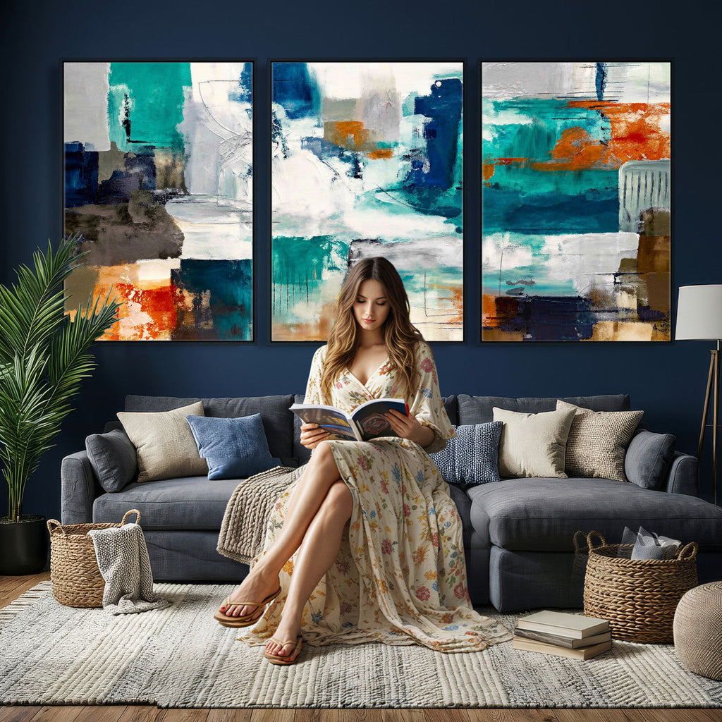 Blue Teal Abstract Canvas Wall Art, Modern Brushstroke Style Print, Navy Orange Contemporary Decor