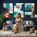 Blue Teal Abstract Canvas Wall Art, Modern Brushstroke Style Print, Navy Orange Contemporary Decor